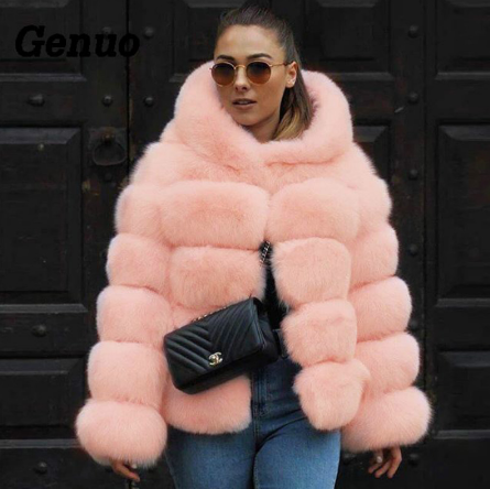 Genuo 2018 New Winter Coat Women Faux Fox Fur Coat Plus Size Women Warm Long Sleeve Faux Fur Jacket Hooded Fur Coat Overcoats