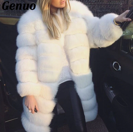 Genuo Winter Luxury Faux Fur Coat Slim Long White Faux Fur Parka Jacket Women Fake Fur Coats Teedy Coat manteau fourrure femme