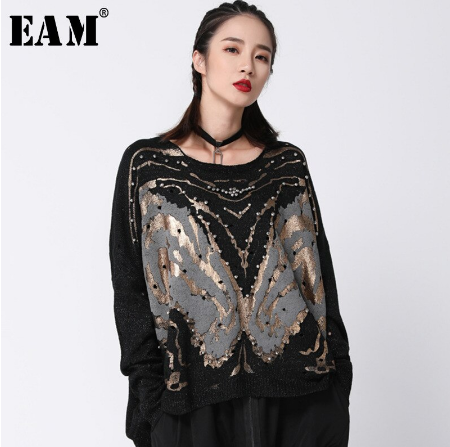 [EAM] 2019 New Spring Black Patchwork Oversize Loose Full Sleeve O Collar Pullover Women Fashion Tide Beading Sweater OA872