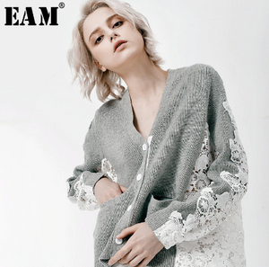 [EAM] 2019 New Autumn Winter Fashion Tide Gray Patchwork Lace Long Sleeve Single Breasted V-neck Woman Shirt Blouse S626