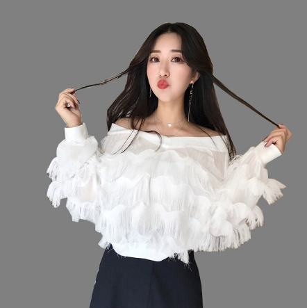 New Autumn Fashion Women Casual Tassel Chiffon Spliced Blouse Female Solid Shirts Lady Lantern Sleeve V-Neck Tops Pullover WZ097