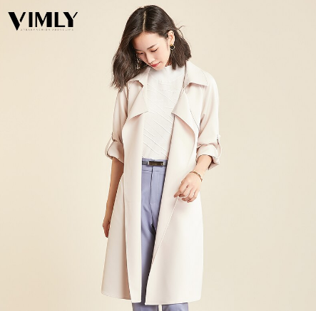 Vimly Spring Autumn Casual Trench Coat Women Classic Office Outerwear Solid Color Loose Belt Korean Elegant OL Women Coat