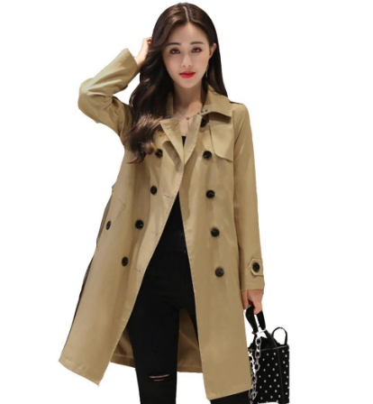 Women British Style Jacket Solid Color Medium Long Double-breasted Windbreaker Coat Pockets, Buttons Casual