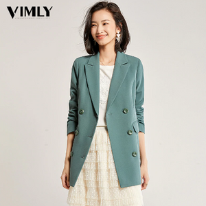 Vimly Women Solid Elegant Blazer Autumn Winter Belted Office Lady Outerwear Female Casual Women Double-Breasted Button Blazer